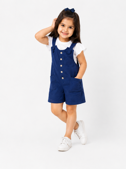 Girls Navy Blue Cotton Dungaree Romper with White Flutter Sleeve Top | Cute Casual Outfit | LA QAYARA