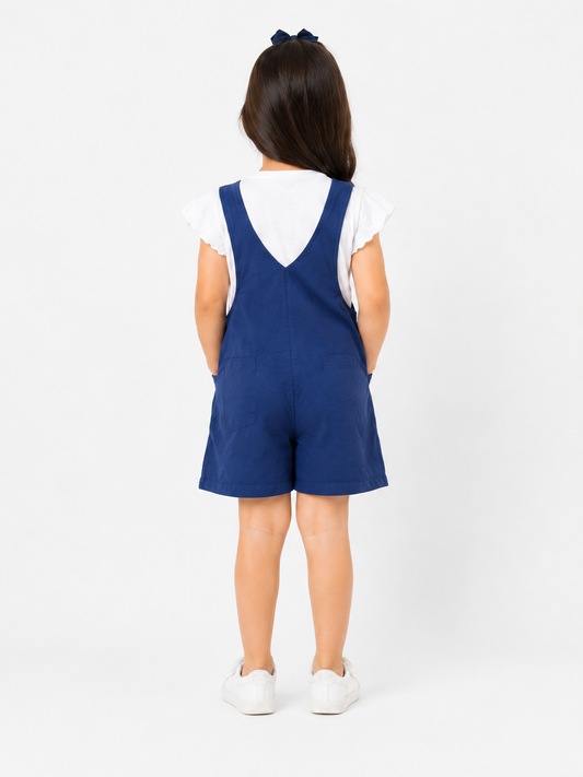 Girls Navy Blue Cotton Dungaree Romper with White Flutter Sleeve Top | Cute Casual Outfit | LA QAYARA