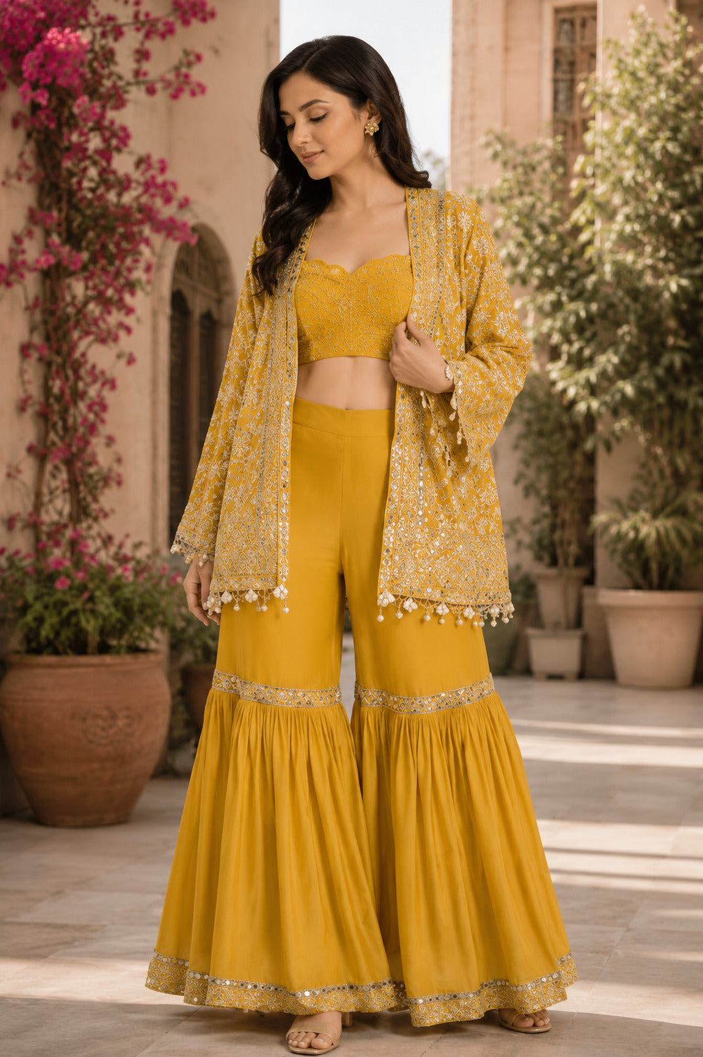 Mustard Yellow Embroidered Cape Jacket, Crop Top & Pleated Sharara Set