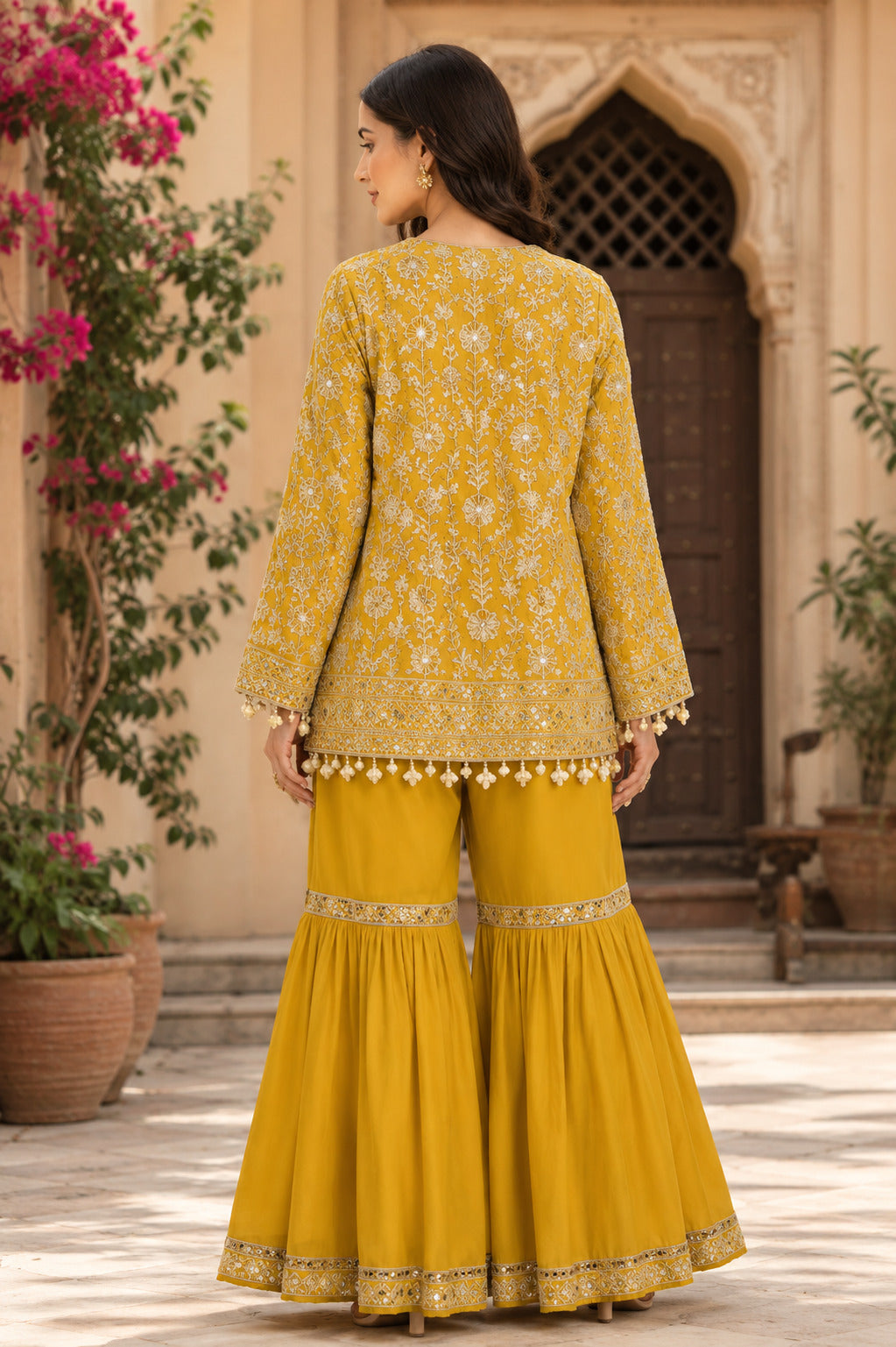 Mustard Yellow Embroidered Cape Jacket, Crop Top & Pleated Sharara Set