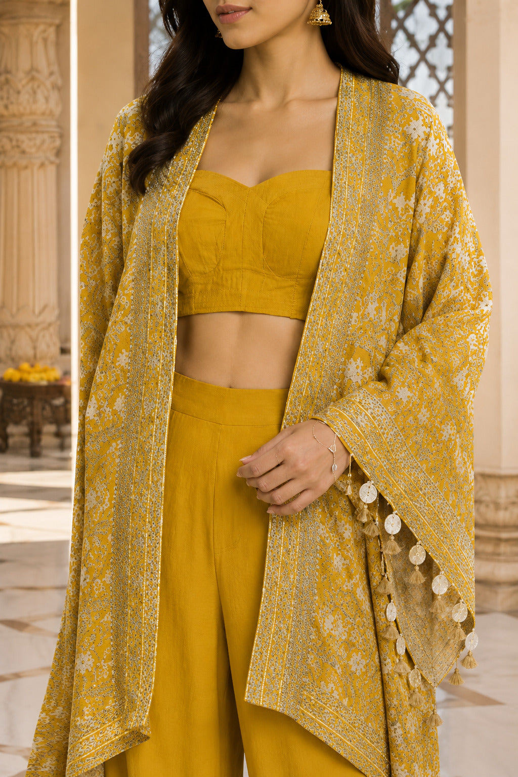 Mustard Yellow Embroidered Cape Jacket, Crop Top & Pleated Sharara Set