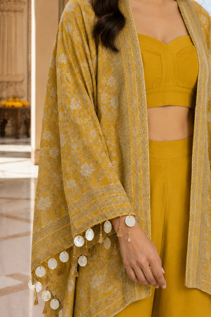 Mustard Yellow Embroidered Cape Jacket, Crop Top & Pleated Sharara Set