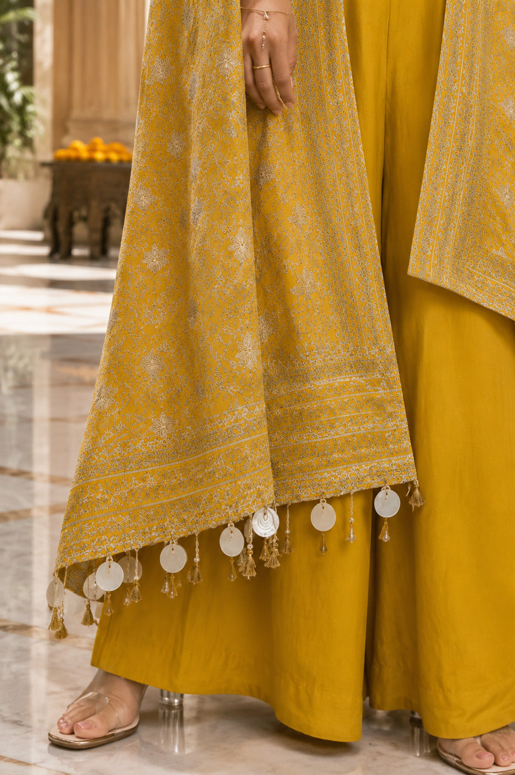 Mustard Yellow Embroidered Cape Jacket, Crop Top & Pleated Sharara Set