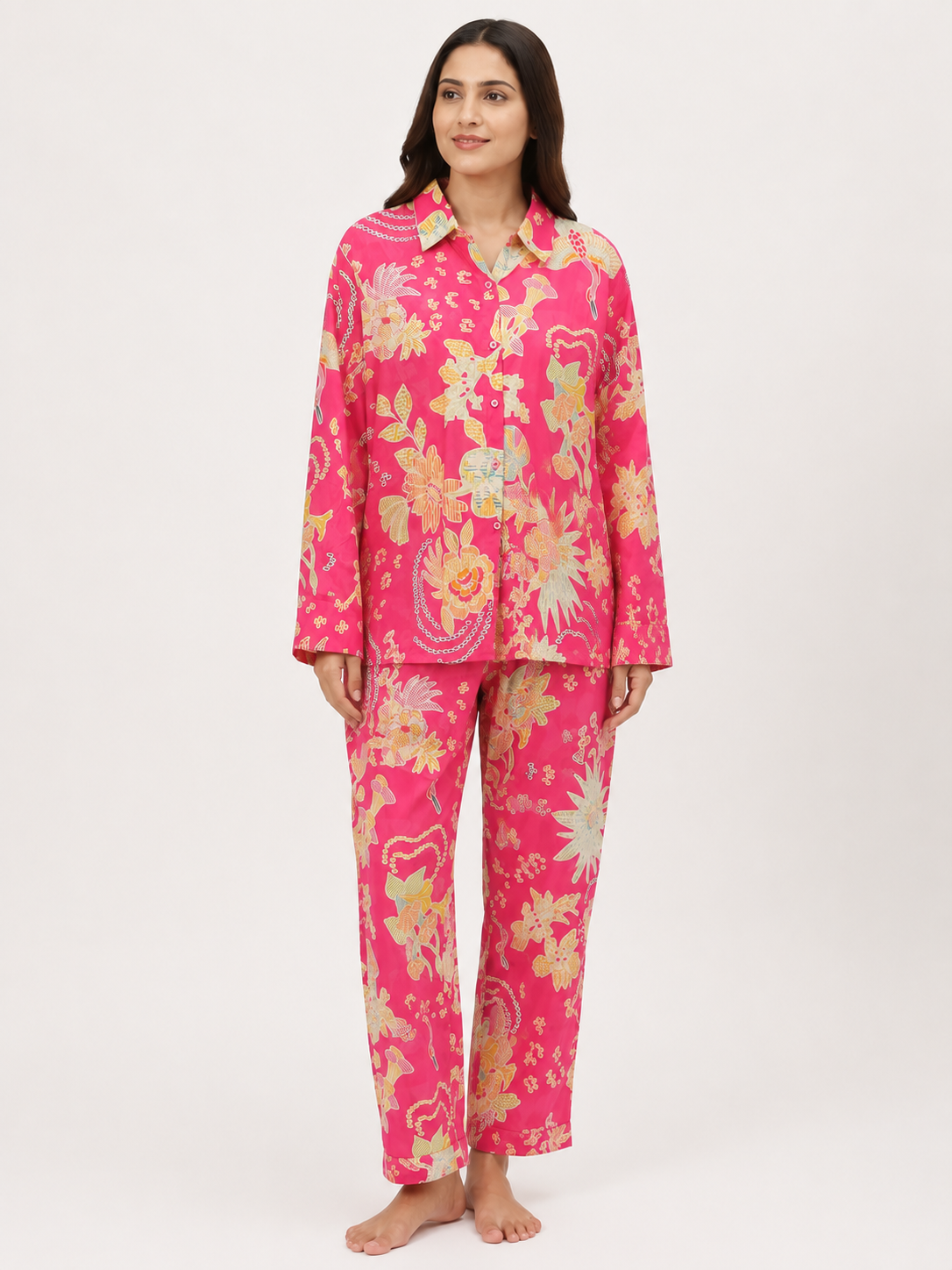 Women Pink Floral Printed Co-Ord Set with Shirt & Straight Pants – Stylish Casual Wear