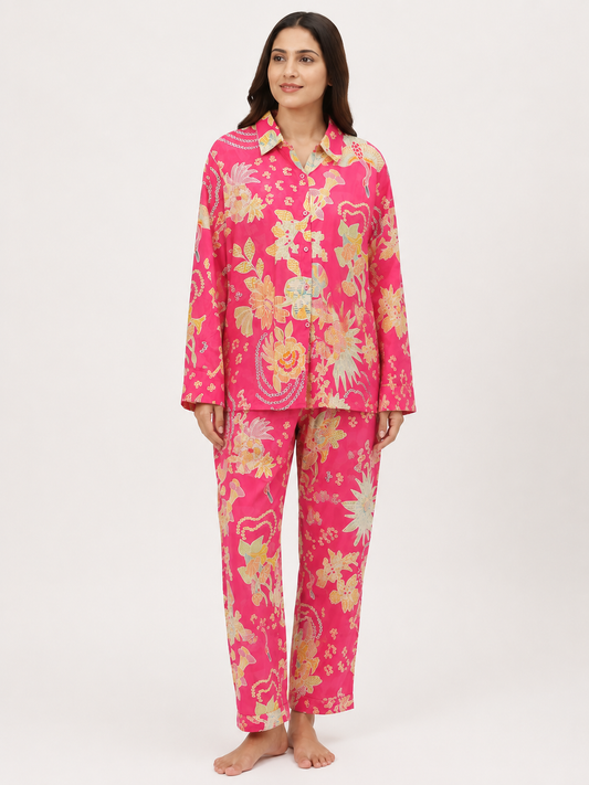 Women Pink Floral Printed Co-Ord Set with Shirt & Straight Pants – Stylish Casual Wear