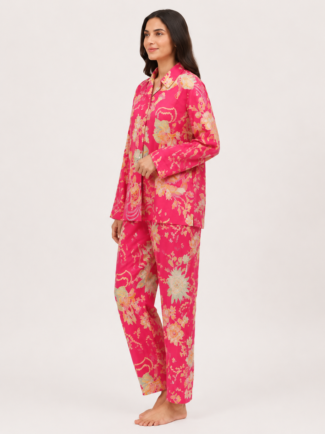 Women Pink Floral Printed Co-Ord Set with Shirt & Straight Pants – Stylish Casual Wear