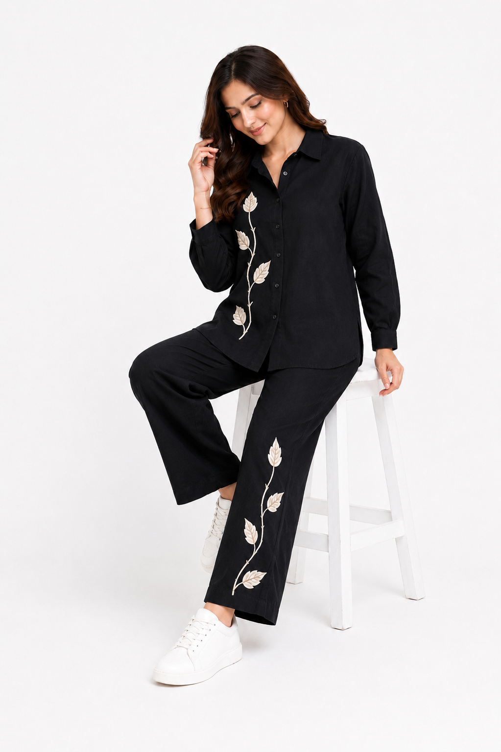 Elegant Black Co-Ord Set for Women with Floral Embroidery – Casual Chic Shirt & Pants Set