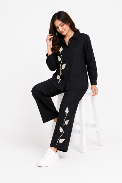 Elegant Black Co-Ord Set for Women with Floral Embroidery – Casual Chic Shirt & Pants Set