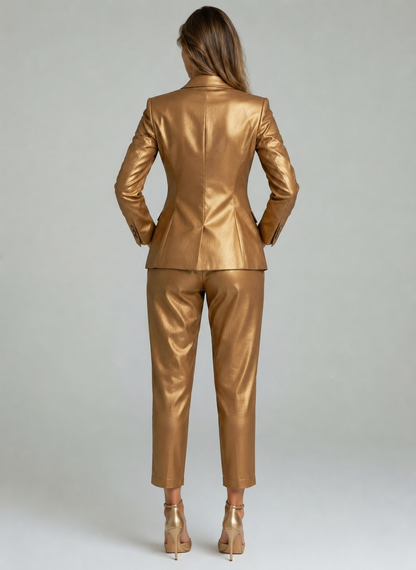 Women Metallic Gold Blazer & Pant Co-Ord Set – Party & Formal Wear