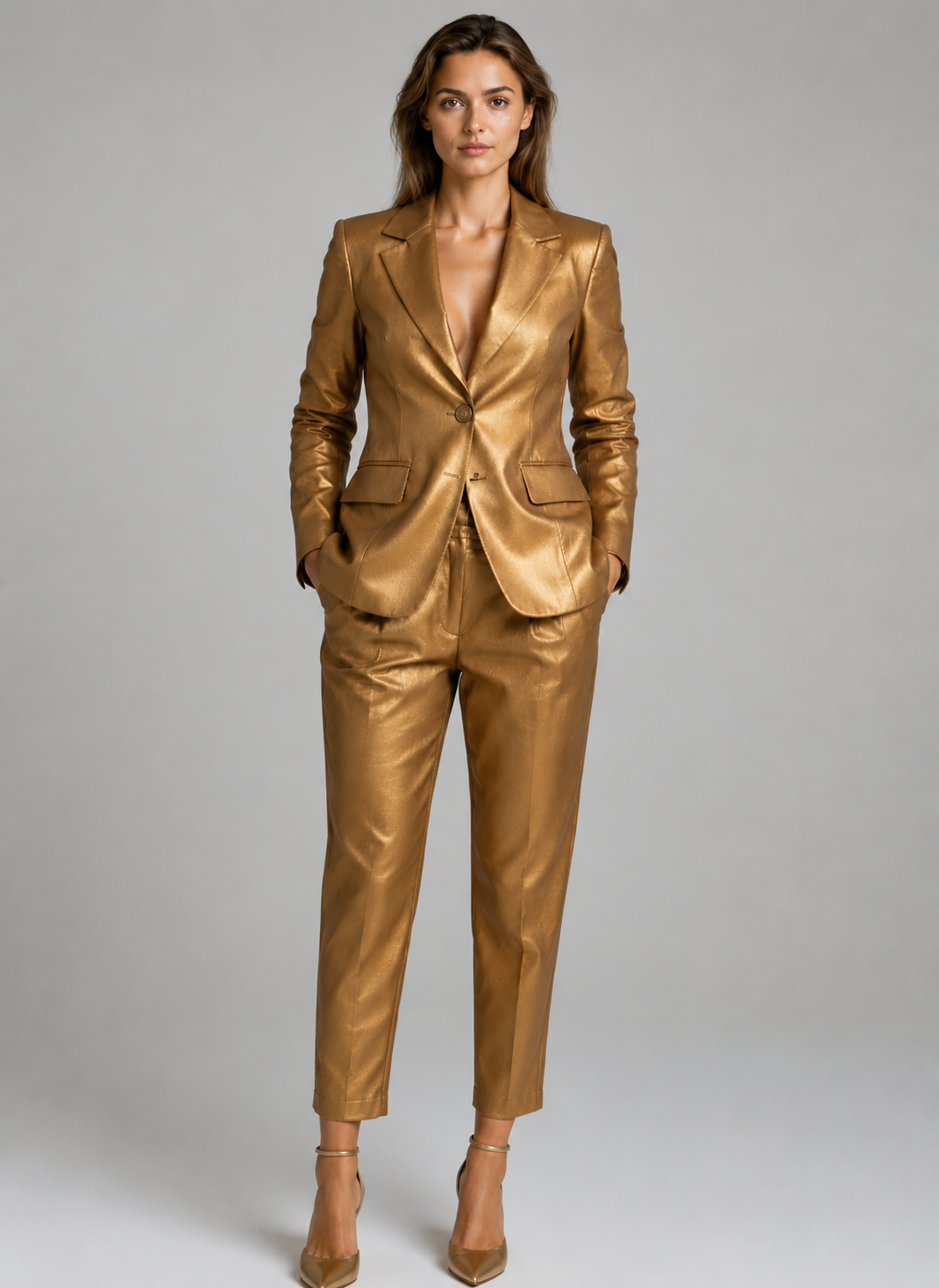 Women Metallic Gold Blazer & Pant Co-Ord Set – Party & Formal Wear