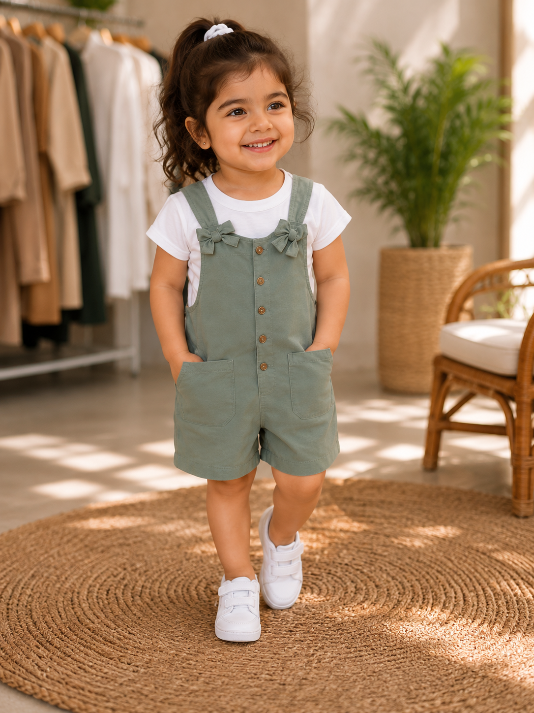 Girls Sage Green Cotton Dungaree Set with White T-Shirt | LA QAYARA