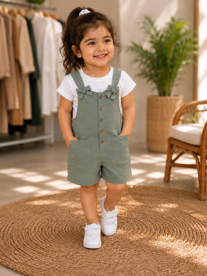 Girls Sage Green Cotton Dungaree Set with White T-Shirt | LA QAYARA