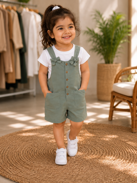 Girls Sage Green Cotton Dungaree Set with White T-Shirt | LA QAYARA