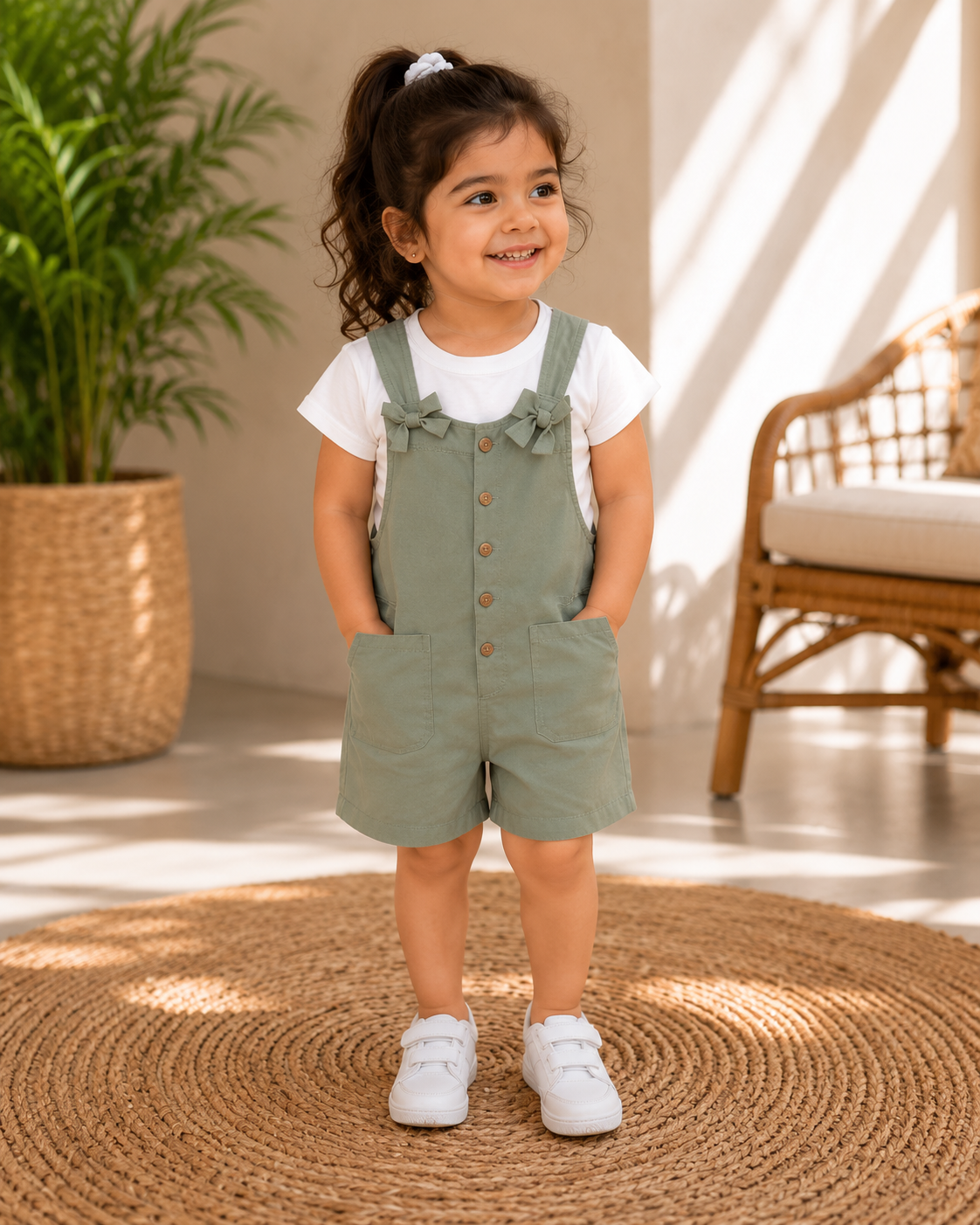 Girls Sage Green Cotton Dungaree Set with White T-Shirt | LA QAYARA