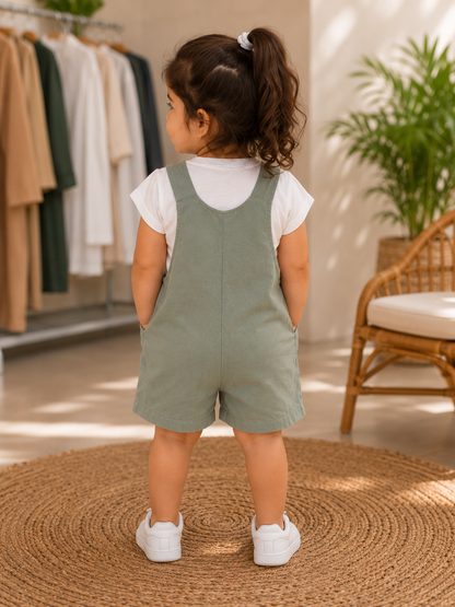 Girls Sage Green Cotton Dungaree Set with White T-Shirt | LA QAYARA