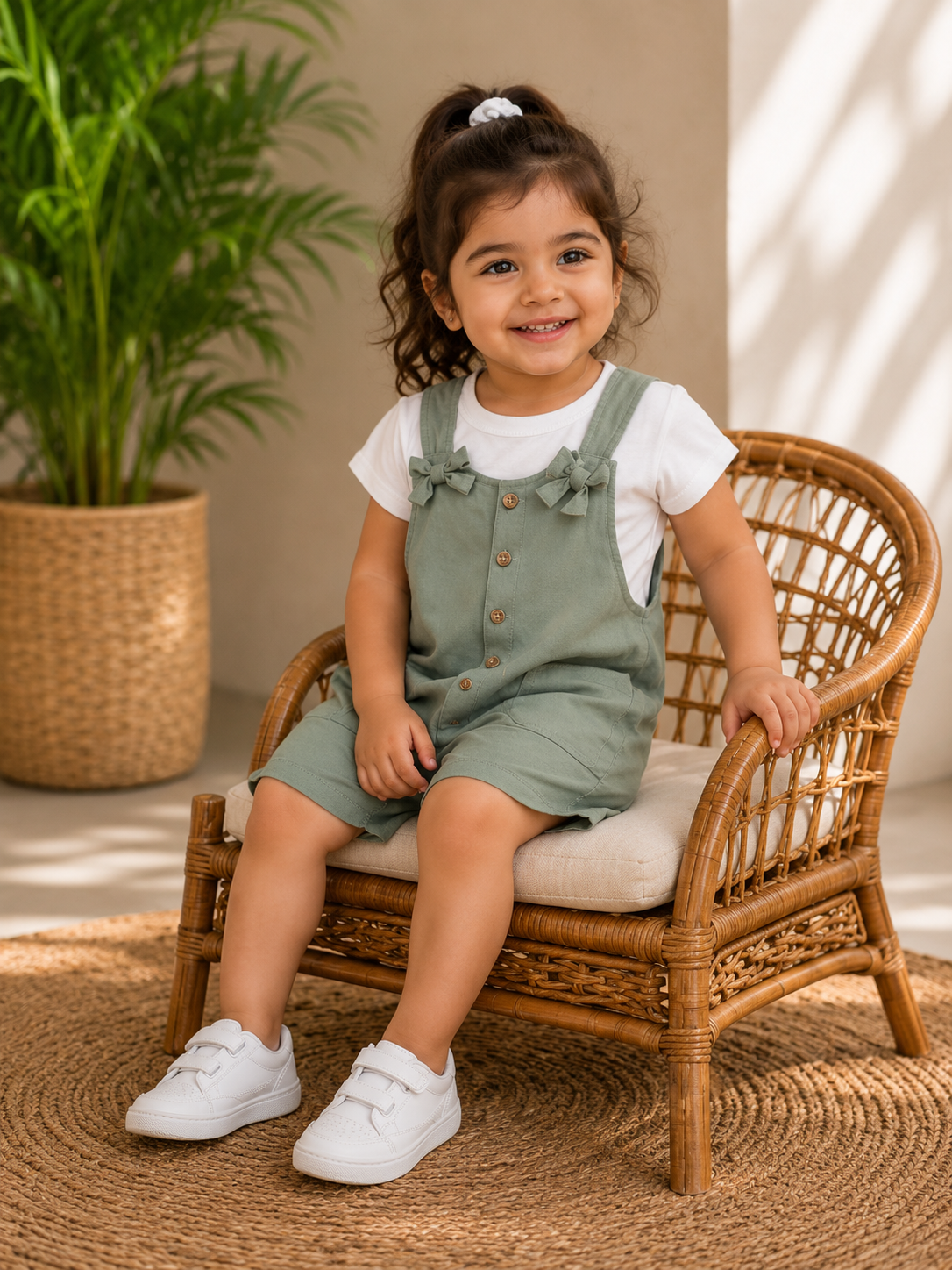 Girls Sage Green Cotton Dungaree Set with White T-Shirt | LA QAYARA