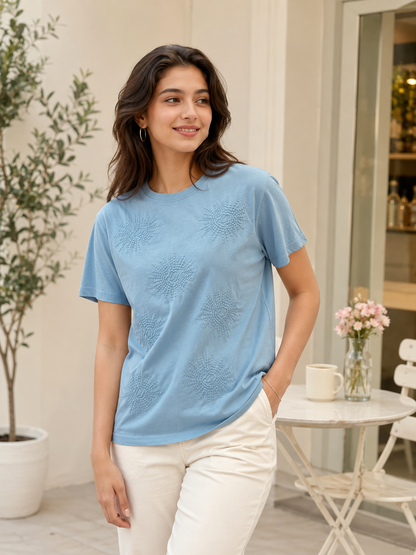 LA QAYARA Women's Sky Blue Cotton Embroidered T-Shirt | Casual Round Neck Half Sleeve Tee