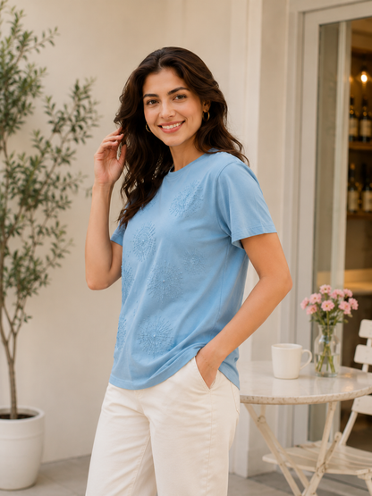 LA QAYARA Women's Sky Blue Cotton Embroidered T-Shirt | Casual Round Neck Half Sleeve Tee