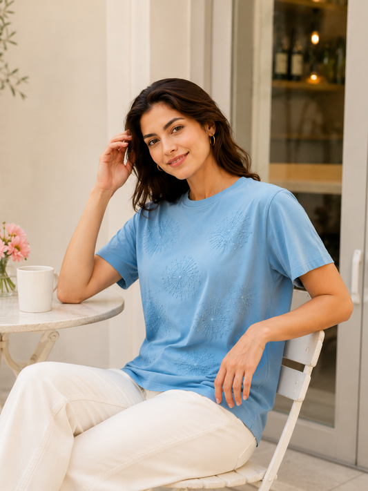 LA QAYARA Women's Sky Blue Cotton Embroidered T-Shirt | Casual Round Neck Half Sleeve Tee