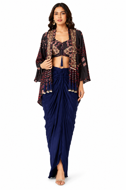 Navy Blue Pre-Draped Saree Set with Printed Embellished Cape & Designer Blouse