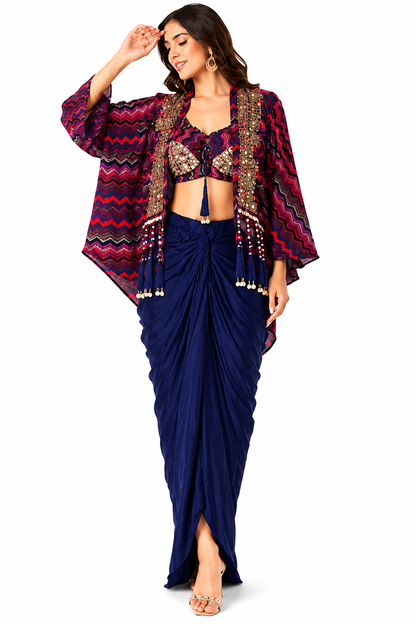Navy Blue Pre-Draped Saree Set with Printed Embellished Cape & Designer Blouse
