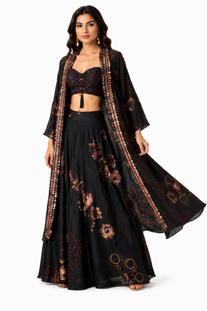 Black Floral Printed Lehenga Set with Bralette Blouse & Embellished Cape