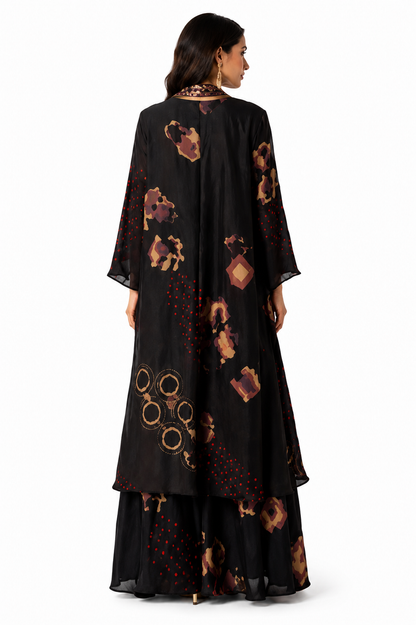 Black Floral Printed Lehenga Set with Bralette Blouse & Embellished Cape