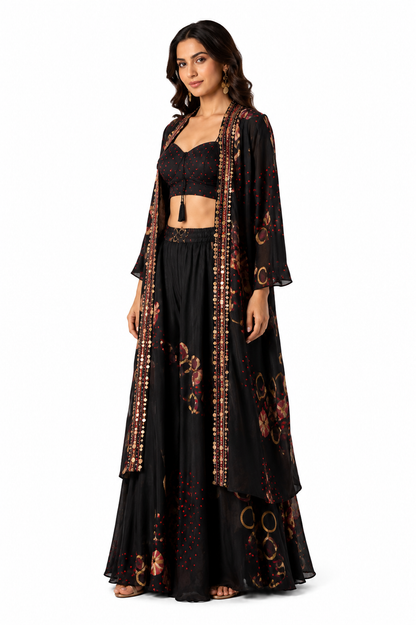Black Floral Printed Lehenga Set with Bralette Blouse & Embellished Cape