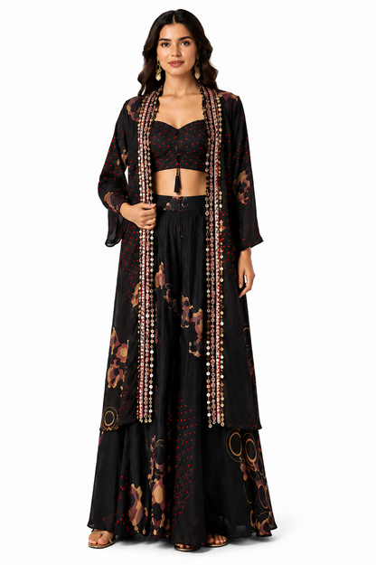 Black Floral Printed Lehenga Set with Bralette Blouse & Embellished Cape