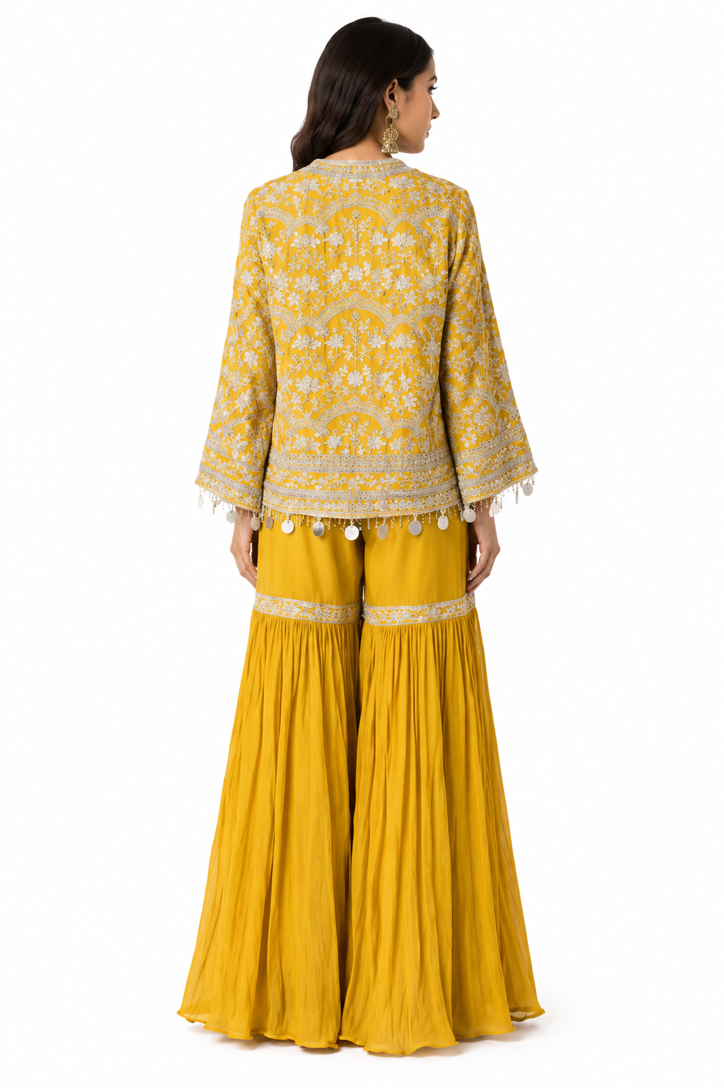 Mustard Yellow Embroidered Cape Jacket, Crop Top & Pleated Sharara Set