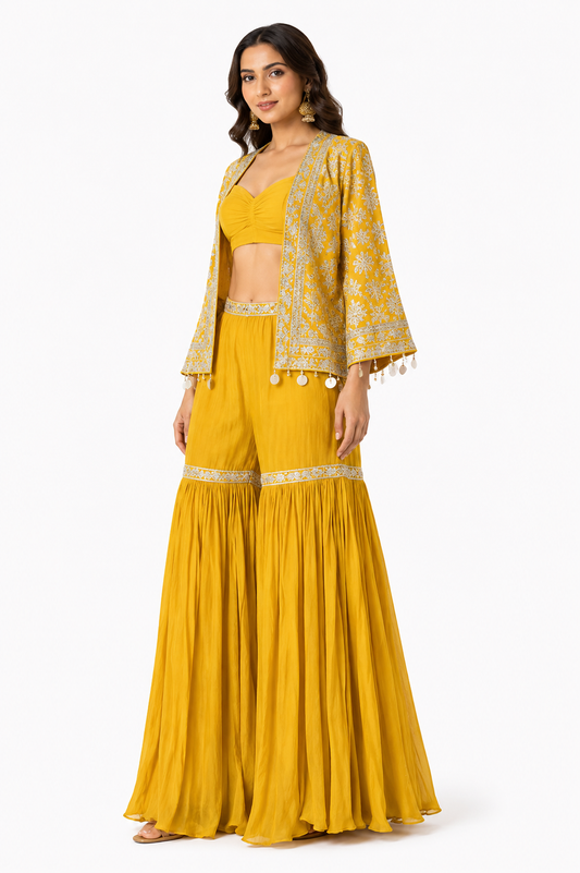 Mustard Yellow Embroidered Cape Jacket, Crop Top & Pleated Sharara Set