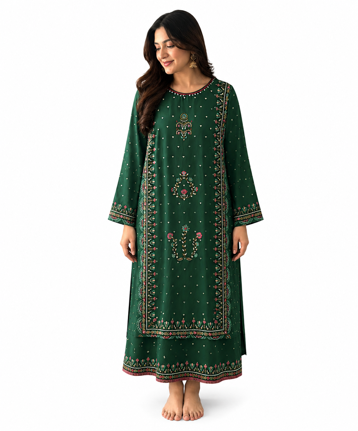 Women's Emerald Green Embroidered Straight Kurta | Floral Ethnic Wear