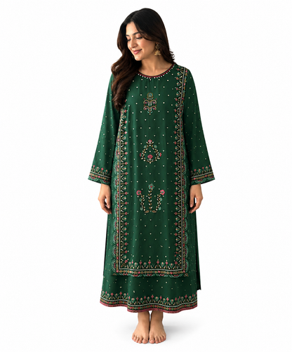 Women's Emerald Green Embroidered Straight Kurta | Floral Ethnic Wear