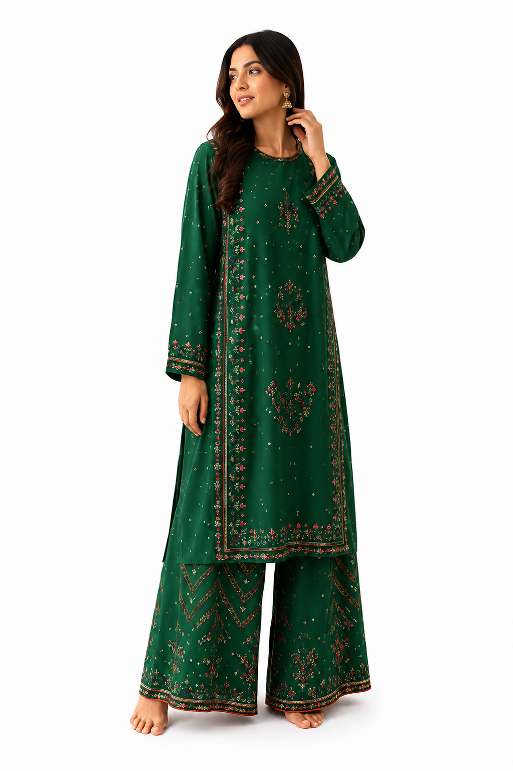 Women's Emerald Green Embroidered Straight Kurta | Floral Ethnic Wear