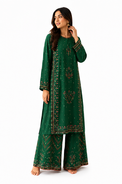 Women's Emerald Green Embroidered Straight Kurta | Floral Ethnic Wear