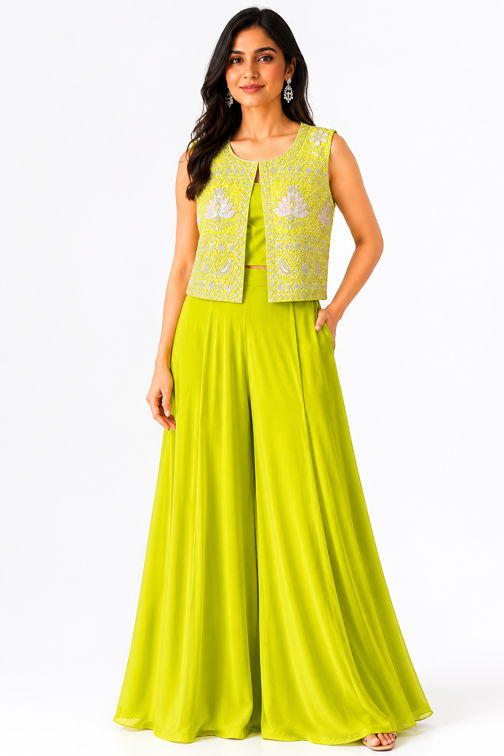 Lime Green Embroidered Palazzo Set with Sleeveless Jacket for Women