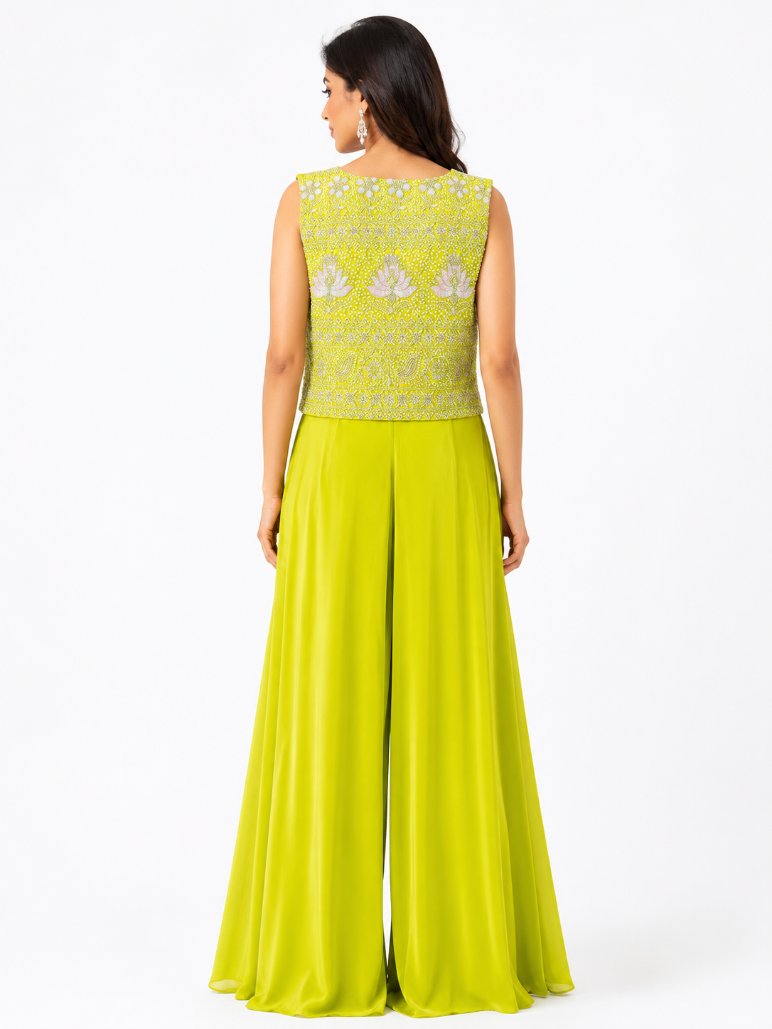 Lime Green Embroidered Palazzo Set with Sleeveless Jacket for Women