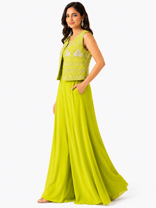 Lime Green Embroidered Palazzo Set with Sleeveless Jacket for Women