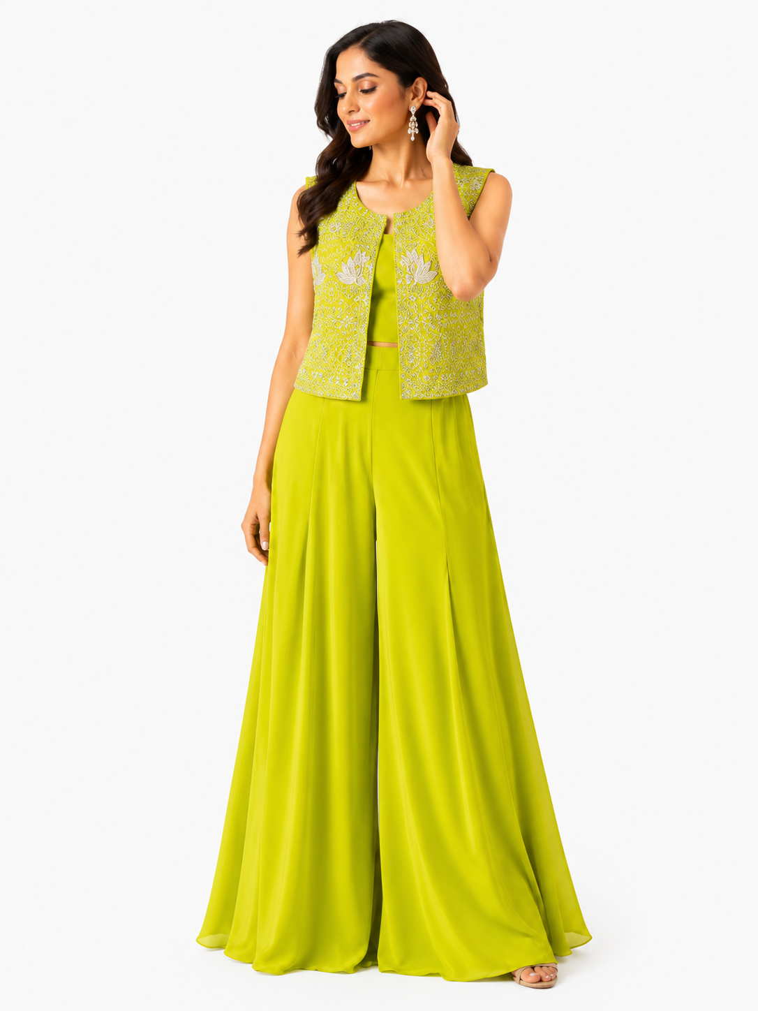 Lime Green Embroidered Palazzo Set with Sleeveless Jacket for Women