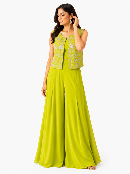 Lime Green Embroidered Palazzo Set with Sleeveless Jacket for Women