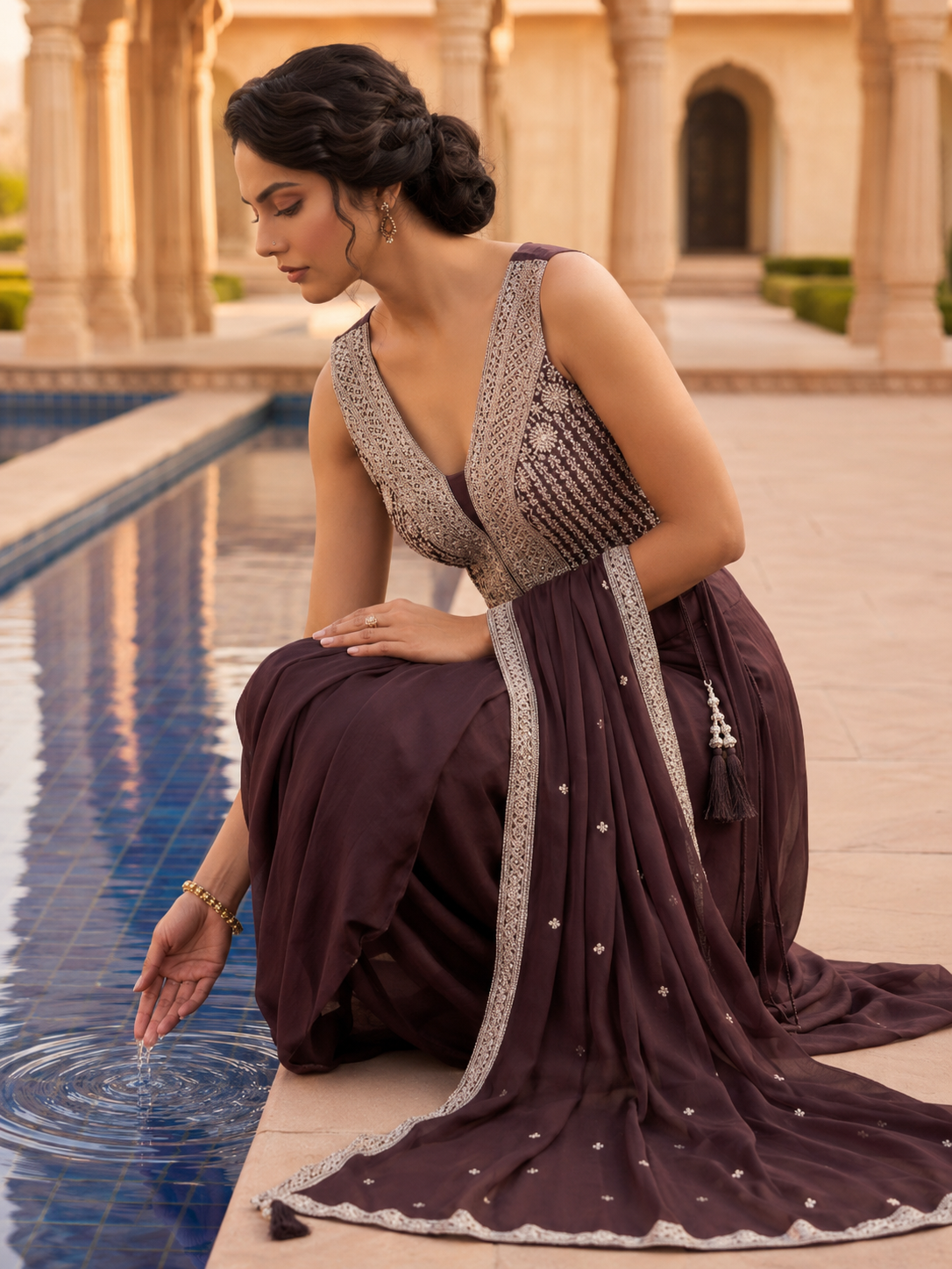 Women's Brown Embroidered Dhoti Pant Co-Ord Set with Net Cape and Tassel Details