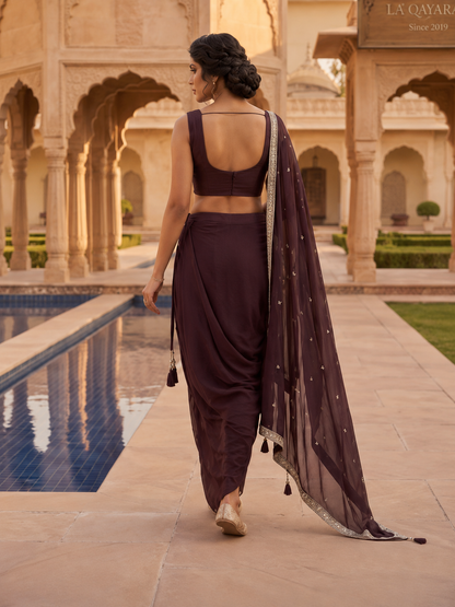 Women's Brown Embroidered Dhoti Pant Co-Ord Set with Net Cape and Tassel Details