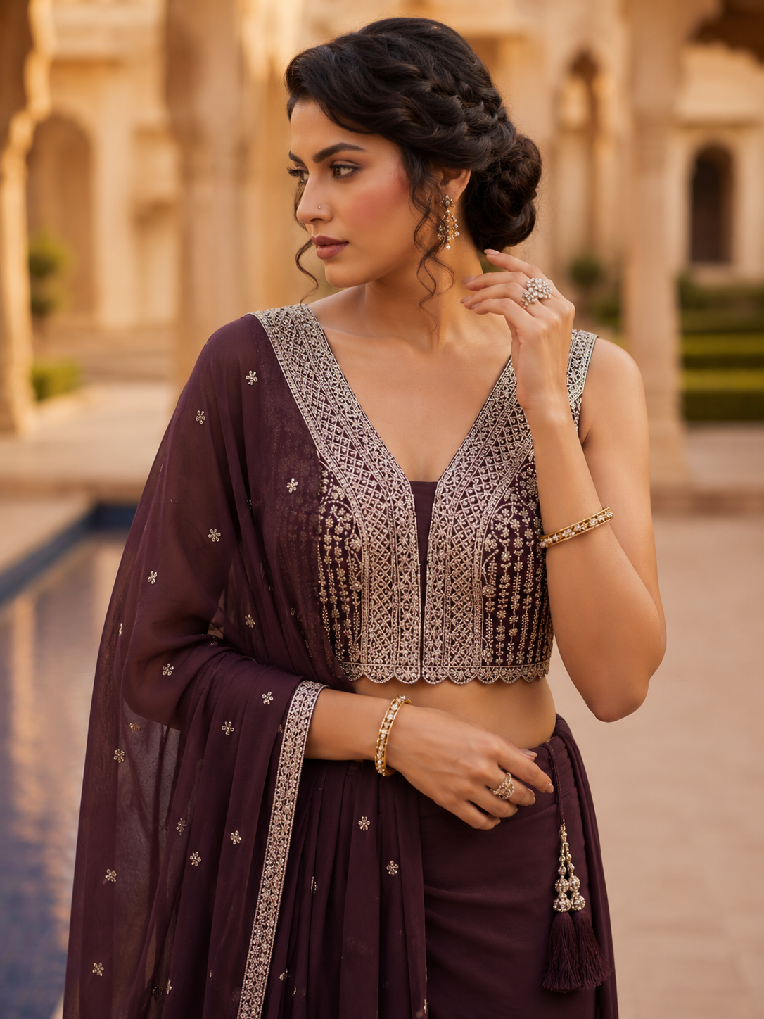 Women's Brown Embroidered Dhoti Pant Co-Ord Set with Net Cape and Tassel Details