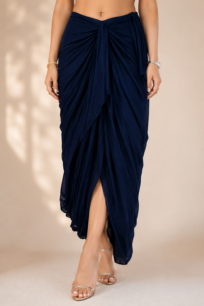Navy Blue Pre-Draped Saree Set with Printed Embellished Cape & Designer Blouse