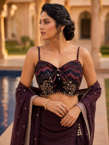 Navy Blue Pre-Draped Saree Set with Printed Embellished Cape & Designer Blouse