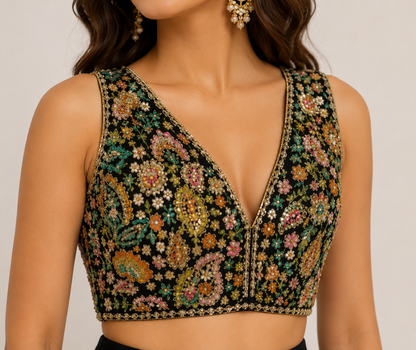 Women's Black Embroidered Lehenga Choli Set with Net Dupatta