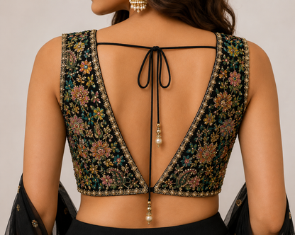 Women's Black Embroidered Lehenga Choli Set with Net Dupatta