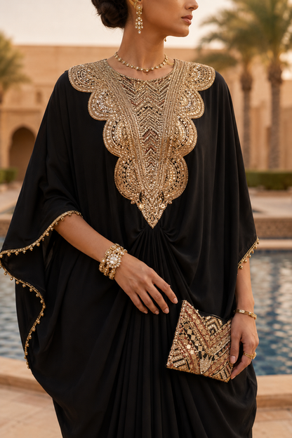 Luxury Black Embroidered Kaftan Co-Ord Set with Printed Palazzo Pants
