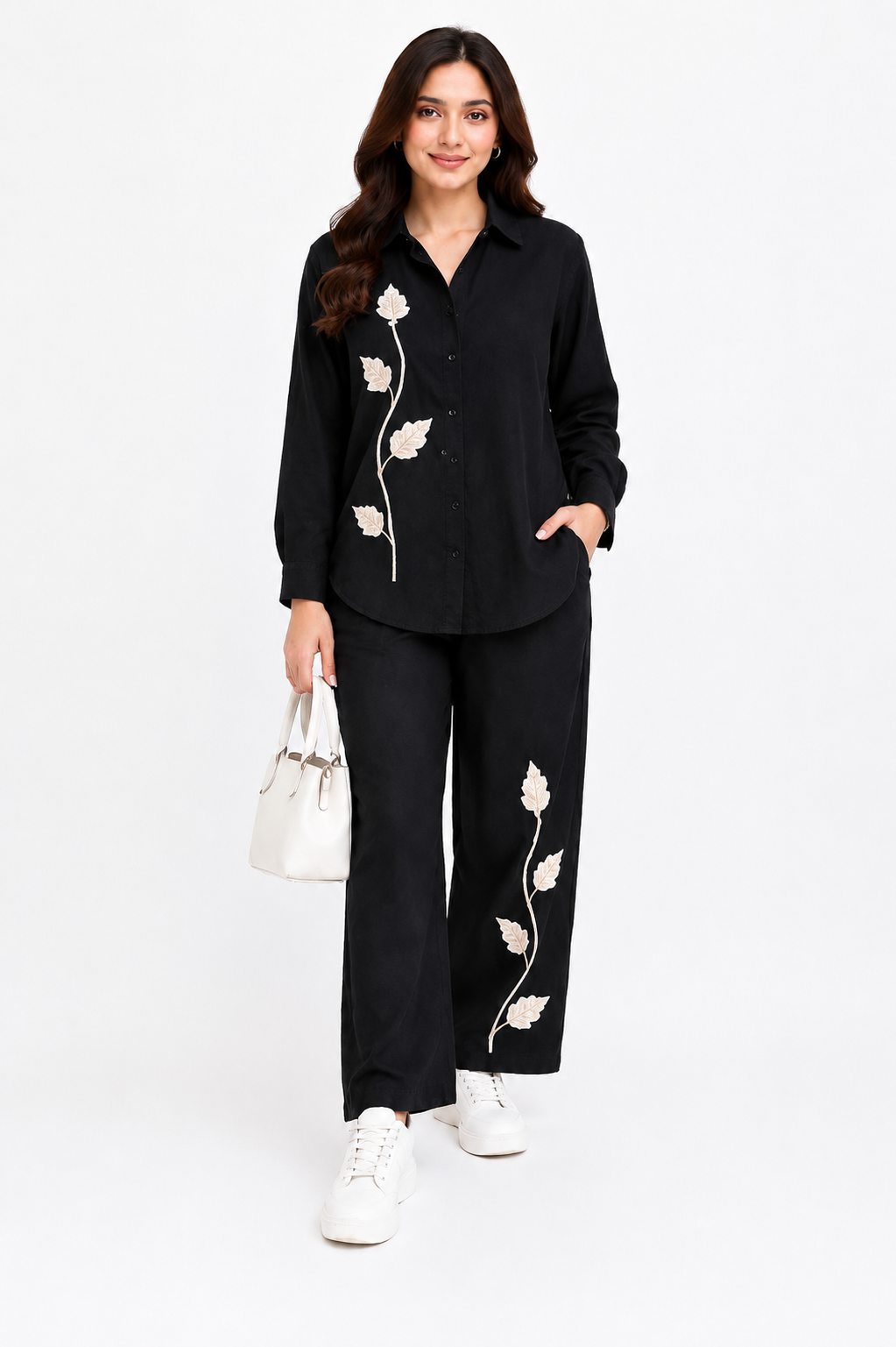 Elegant Black Co-Ord Set for Women with Floral Embroidery – Casual Chic Shirt & Pants Set