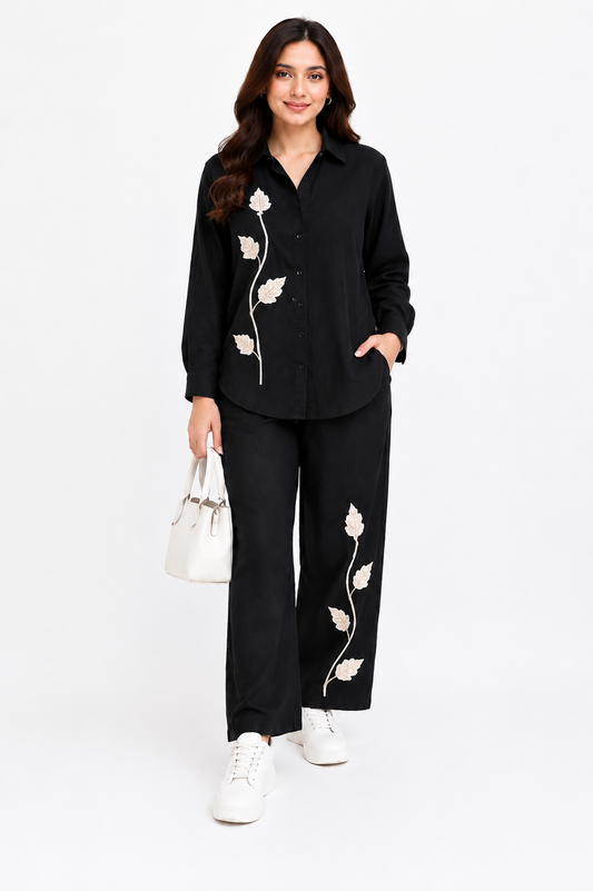 Elegant Black Co-Ord Set for Women with Floral Embroidery – Casual Chic Shirt & Pants Set